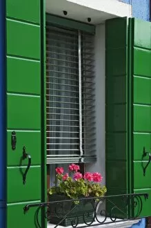 Italy, Venice. Flowerbox and colorful window shutters