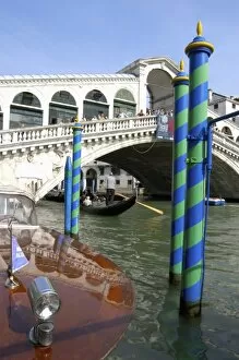 Italy, Venice, gondolas on Grand Canal by Rialto Bridge