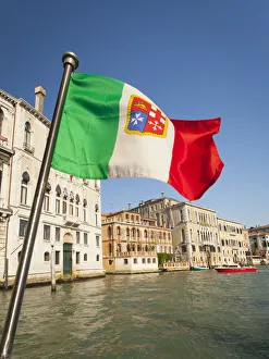 Canal Prints: Italy, Venice, Italian flag with Naval ensign flying above Grand Canal