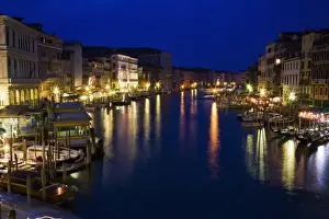 Italy, Venice, Night View Along the Grand Canal with Gondolas and Night Lights