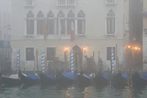 Pope Prints: Italy, Venice. A row of gondolas seen through the fog on the Grand Canal
