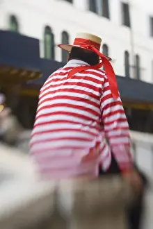 Vacationer Prints: Italy, Venice, Seclitive Focus of Gondolier in Venice With Bright Red Ribbon