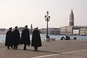 Naval Prints: Italy, Venice. Four uniformed Navy men walking along the Riva degli Schiavoni promenade