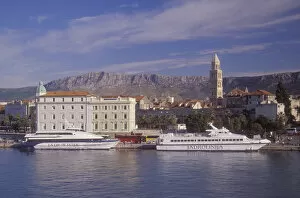 Jadrolinija passenger ferry ships and Split Harbor from the Split-Vis ferry as it