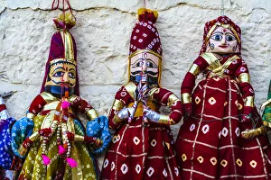 Costume Prints: Jaisalmer, Rajasthan, India. Mughal paper mache dolls and puppets wearing colorful