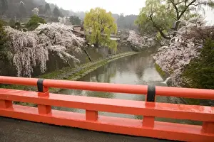 Cherry Blossom Prints: Japan, Gifu prefecture, Takayama (also known as Hida-Takayama), red Nakabashi Bridge