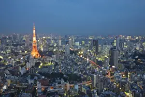 Tokyo Prints: Japan, Tokyo. Sunset aerial of downtown including Tokyo Tower and Rainbow Bridge