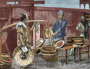 Buying Prints: Japanese history. Fruit seller. Colored engraving from 1882