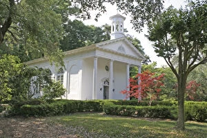 Japanese maple in front of chapel at historic Orton Plantation Gardens in Winnabow