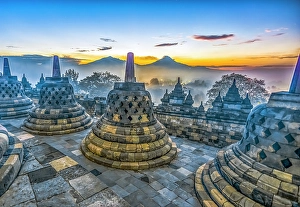 Bas Relief Prints: Java, Indonesia, Asia, Wide angle landscape view of sunrise over Borobudur Temple
