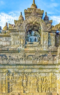 Bas Relief Prints: Java, Indonesia. Close-up detail of one of the original 504 statues of Buddha in a carved niche of Borobudur Temple