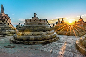 Bas Relief Prints: Java, Indonesia. Close-up view of sunrise over Borobudur Temple