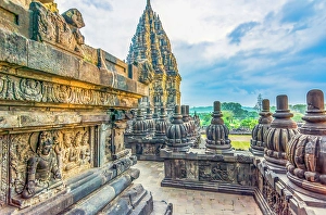 8th Century Prints: Java, Indonesia. Close-up wide angle view of temple section in Candi Prambanan Temple Complex