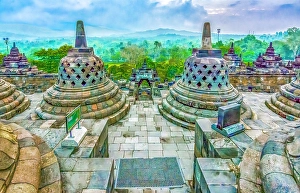 Bas Relief Prints: Java, Indonesia. Wide angle landscape of 8th century Borobudur Temple