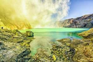 Crater Prints: Java, Indonesia. Wide angle landscape view of crater lake in the cone of Kawah Ijen