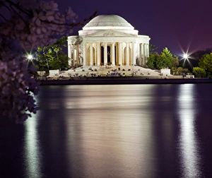 Cherry Blossom Prints: Jefferson Memorial Cherry Blossoms Statue and Tidal Basin in April with Reflection