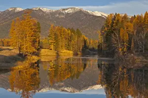 Snowcap Prints: Jessup Mill Pond in autumn with snow capped Swan Mountains near Creston, Montana, USA