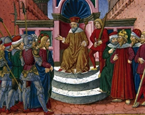 Illuminated Prints: Jesus is brought before Herod. Codex of Predis (1476). Royal Library. Turin. Italy