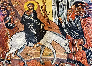 Mosaic Prints: Jesus Christ Palm Sunday Donkey Mosaic Saint Georges Greek Orthodox Church Madaba Jordan