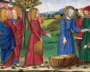 Jesus took five loaves and two fish and gives them to 500 people saying: eat your fill