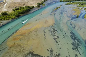 Central Otago Prints: Jet boat and Clutha River entering Lake Dunstan, Central Otago, South Island, New Zealand