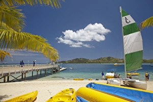 Fiji Prints: Jetty, boats and hobie cat, Plantation Island Resort