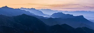 Jinshanling Mountains at sunrise in autumn colors, from Great Wall of China, Jinshanling