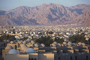 Jordan, Aqaba, elevated city view, sunset