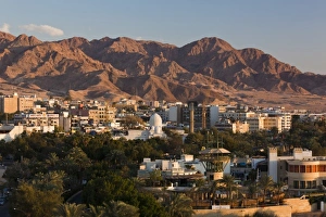 Jordan, Aqaba, elevated city view, sunset