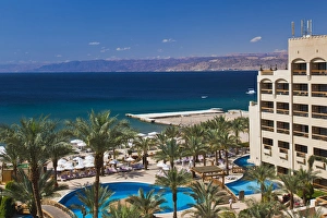 Elevated View Prints: Jordan, Aqaba, elevated view of Red Sea and Eilat, Israel from Intercontinental Hotel