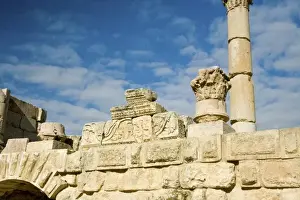 Images Dated 1st February 2009: Jordan, Jerash. Architectural decorative elements of granite atop outer wall of Hippodrome arena