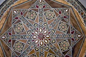 Madaba Prints: Jordan, Madaba. Wood mosaic head rest with 16th Century Egyptian-Turkish design produced