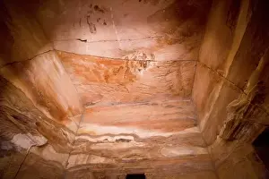 Petra Prints: Jordan, Petra. Carved rose-red sandstone inner hall of the Treasury has withstood
