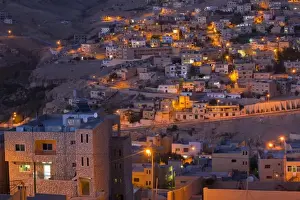 Petra Prints: Jordan, Petra-Wadi Musa, elevated view of the new town of Wadi Musa, evening