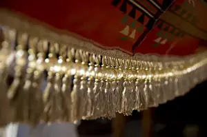 Images Dated 5th May 2009: Jordan, Wadi Rum. Traditional Bedouin tent cover with beaded tassels