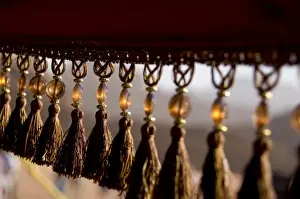 Jordan, Wadi Rum. Traditional Bedouin tent cover with beaded tassels