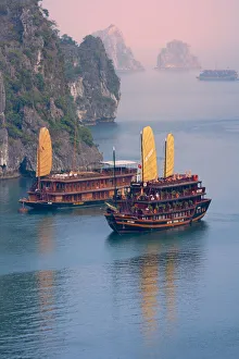 Quang Ninh Prints: Junk boat and karst islands in Halong Bay, UNESCO World Heritage site