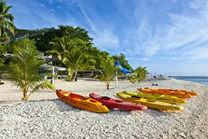 Edge Prints: Kajaks at the white sand beach of Hideaway island near Port Vila, Island of Efate
