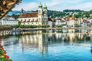 Lucerne Prints: Kapellbrucke Jesuit Church reflection, Lucerne, Switzerland. Built in 1365