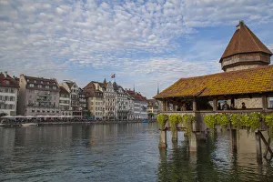 Lucerne Prints: Kapellbrucke, wood covered bridge across the Reuss in Lucerne, Switzerland