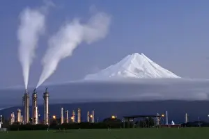 Cloudy Prints: Kapuni Gas Production Station and Mt Taranaki / Mt Egmont, Taranaki, North Island