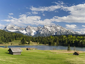 The Karwendel Mountain Range near Mittenwald during spring, lake Wagenbruch (also called Geroldsee)