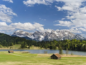 The Karwendel Mountain Range near Mittenwald during spring, lake Wagenbruch (also called Geroldsee)