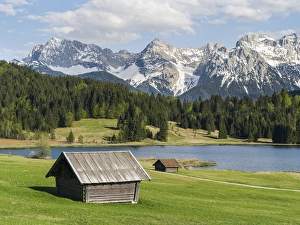 The Karwendel Mountain Range near Mittenwald during spring, lake Wagenbruch (also called Geroldsee)