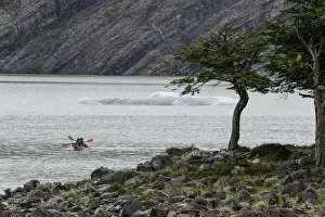 Kayak Prints: Kayakers exploring Grey Lake, Torres del Paine National Park, Chile, Patagonia