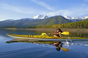 Images Dated 23rd May 2009: Kayaking on Hungry Horse Reservoir with Great Northern Mountain in background in