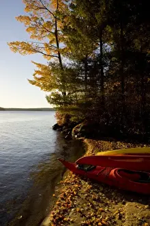 Jerry Marcy Monkman Prints: Kayaks on the shore on Lake Winnipesauke at Oliver Lodge in Meredith, New Hampshire