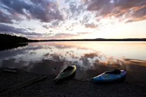 Relaxed Prints: Kayaks at sunset on the shore of the Indian Pond section of the Kennebec River near