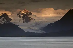 Snowy Prints: Kenai Mountains and Kachemak Bay; Homer; Alaska; USA; at Sunset