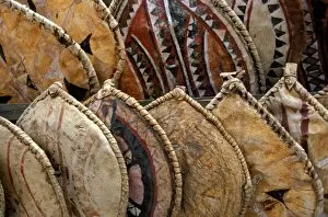 Kenya. Handmade Masai shields at a roadside display